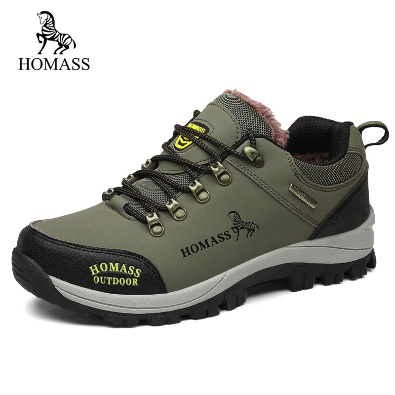 

HOMASS Fashion Warm Plush Leather Shoes Comfortable Waterproof Outdoor Casual Shoes Men Lace-Up Winter Non slip Rubber Sneakers