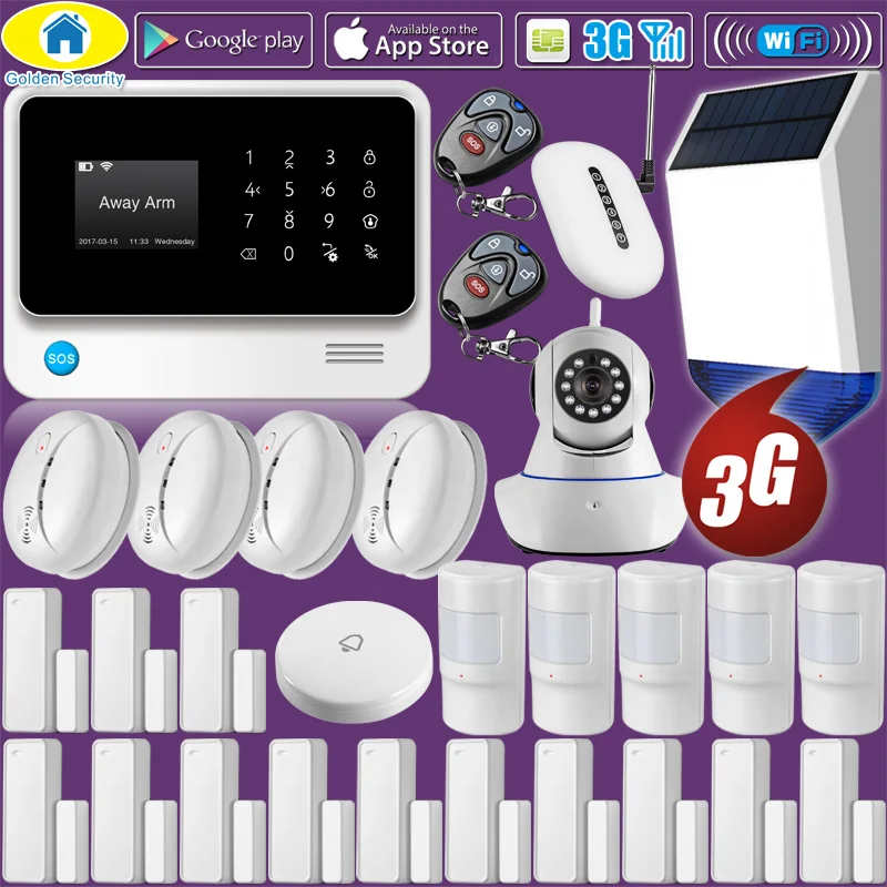 Golden Security G90B Plus+ WiFi 3G GSM WCDMA Home Alarm System SecuritySignal RepeaterSolar Power SirenSmoke Detector