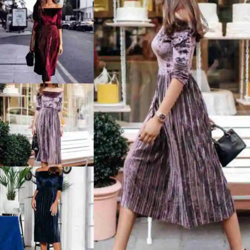 Fashion Women's Off-Shoulder Long Sleeve Pleated Velvet Formal Dress Evening Party Midi | Женская одежда