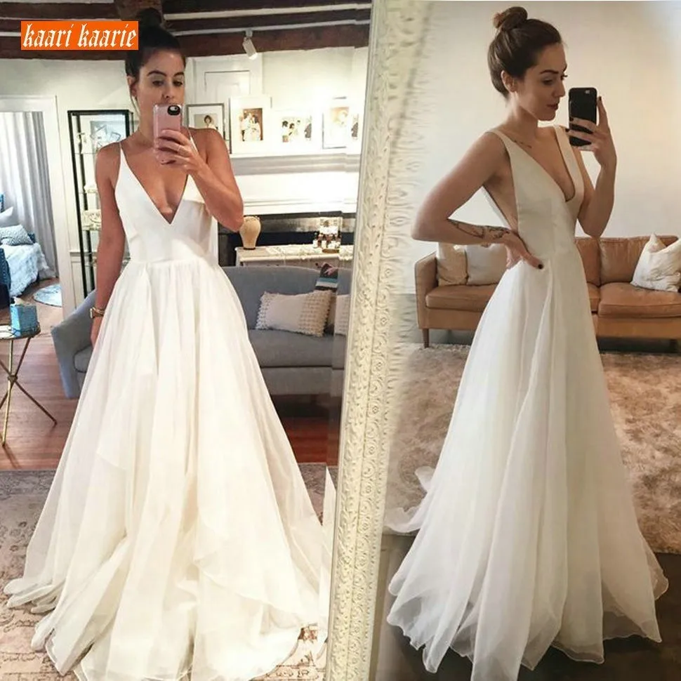 

Charming White Wedding Gowns 2019 Sexy Ivory Wedding Dresses Long V Neck Organza Backless Floor Length Custom Made Bride Dress