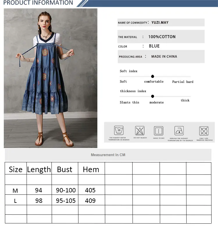 Летнее платье Yuzi. may Boho новые джинсовые женские платья регулируемый пояс на плечах винтажная Цветочная вышивка Vestidos A82163