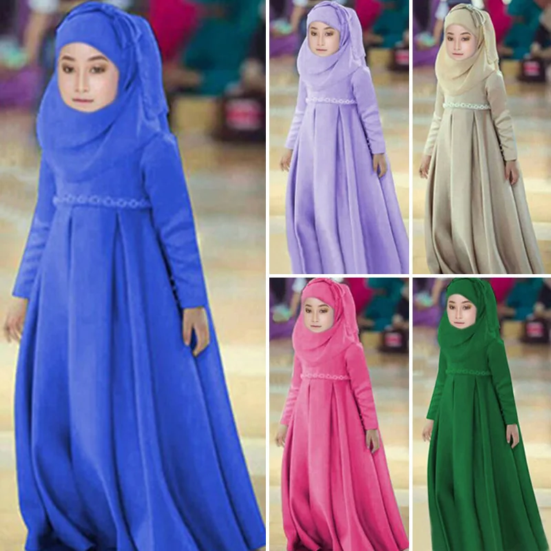 3pcs Kids Girl Long dress Muslim Hijab Islamic Abaya Kaftan+Bown Arab maxi dress 