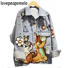 Женская Осенняя джинсовая куртка для девочек, джинсовая куртка с вышивкой и блестками, пальто с изображением животных, синие Куртки Оверсайз, топ для студентов