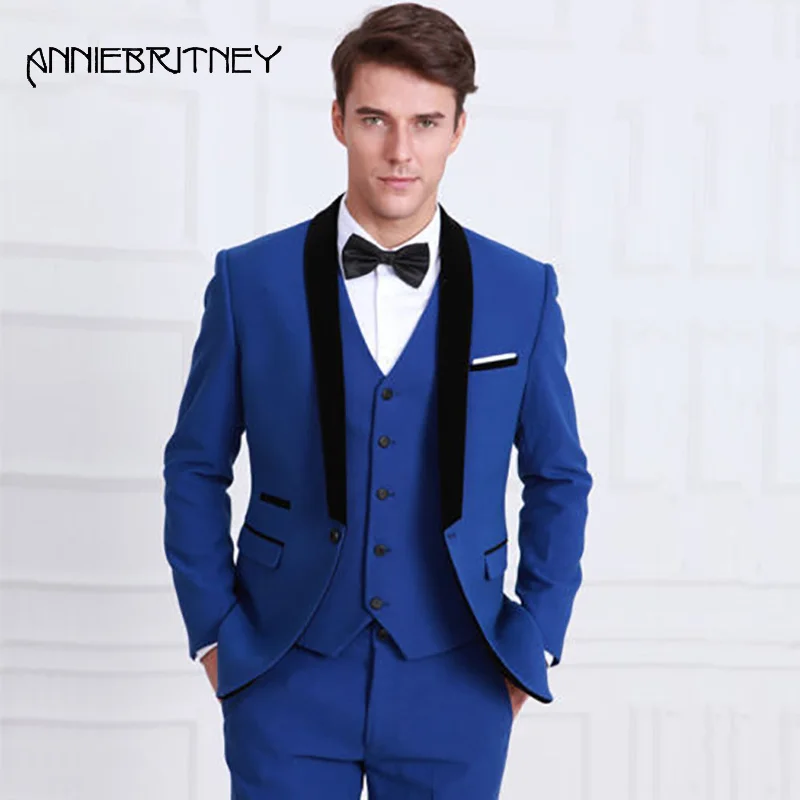 

Royal Blue Men Wedding Suits Black Shawl Lapel Slim Fit Tuxedo Groom Best Man Suit Blazers Bridegroom 3 Pieces Pants Vest Ternos