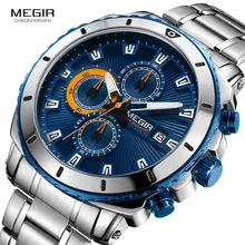 MEGIR Мужские кварцевые часы с синим циферблатом и хронографом, Модные Аналоговые наручные часы из нержавеющей стали для мужчин, светящиеся стрелки 2075G-2