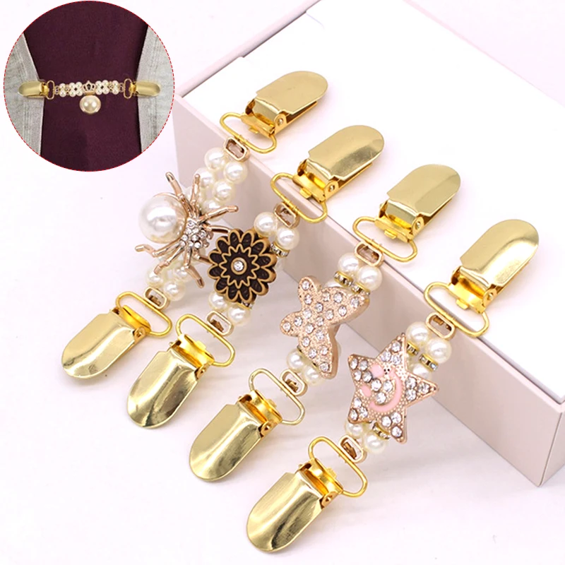 

Women Beads Cardigan Collar Clip Sweater Shawl Clips Brooches Cute Crystal Charm Brooch Pins Jewelry with Duck-mouth Clip Holder