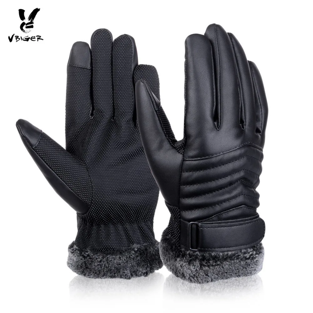 Vbiger Men Winter Warm Gloves Retro Thickened PU Leather Touchscreen