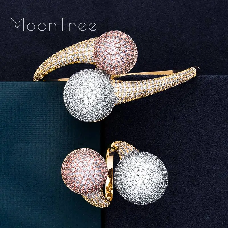 

MoonTree Luxury Big Ball Full Micro Cubic Zirconia 3 Tone Party Wedding Saudi Arabic Dubai Baguette Bracelet RingFashion Jewelry
