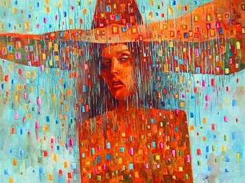 

Abstract handmade painting girl in colorful rain on oil canvas for home decoration and wallpaper