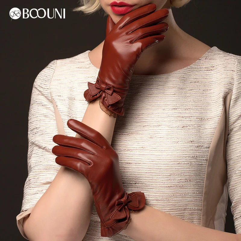 Buy BOOUNI Genuine Sheepskin Gloves 2019 Fashion Wrist Lace Bow Solid Women Leather Glove Thermal Winter Driving Keep Warm NW176
