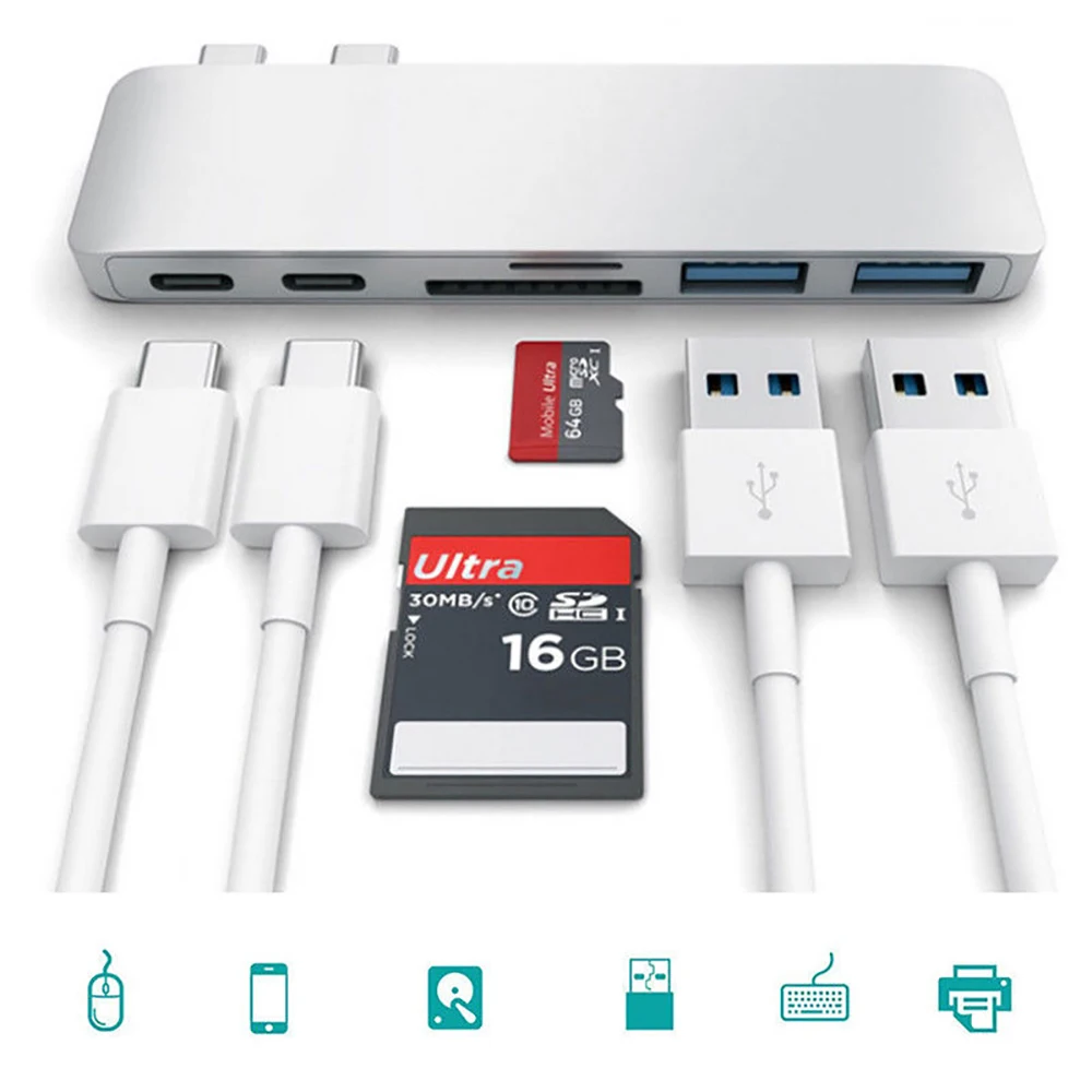 Dual Type C HUB 3.0 Adapter 6 in 1 Charger Card Reader USB3.0 Type Charging Converter For Macbook Pro Google Chromebook Laptop 