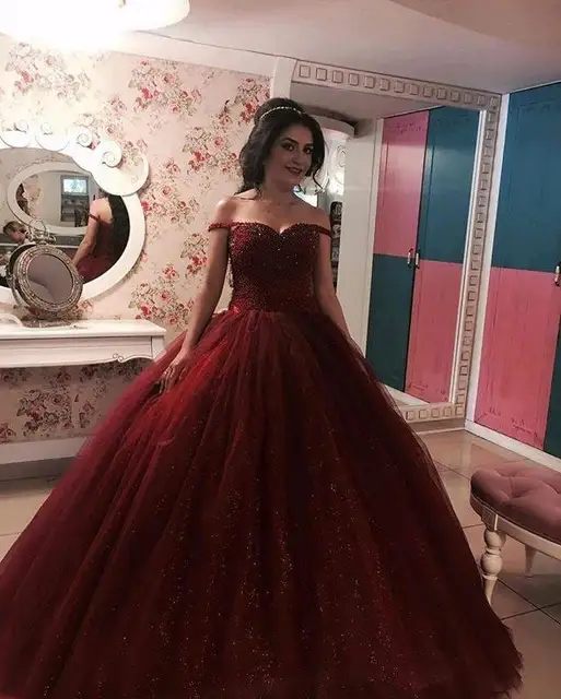 New Sexy Sweetheart Strapless Lace Appliques Puffy Tulle Wine Red Color