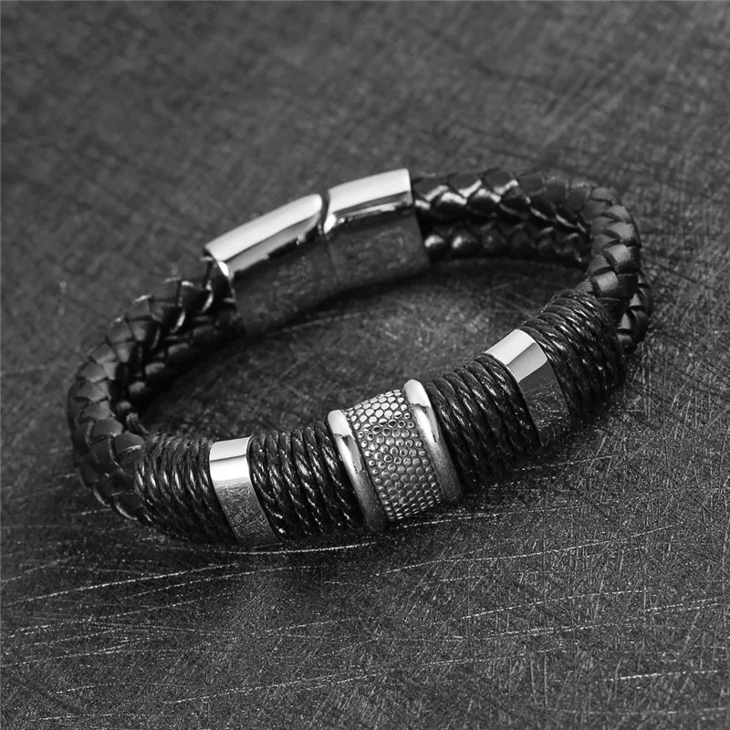 LINSOIR 2017 New Braided Black Genuine Leather Bracelets Mens Vintage Bicycle Motorcycle