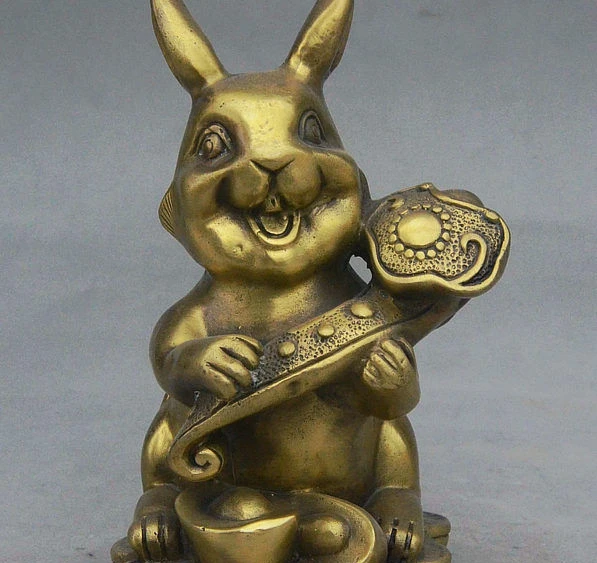 

7" China Brass Auspicious Wealth Zodiac Rabbit Hold RuYi On Money YuanBao Statue