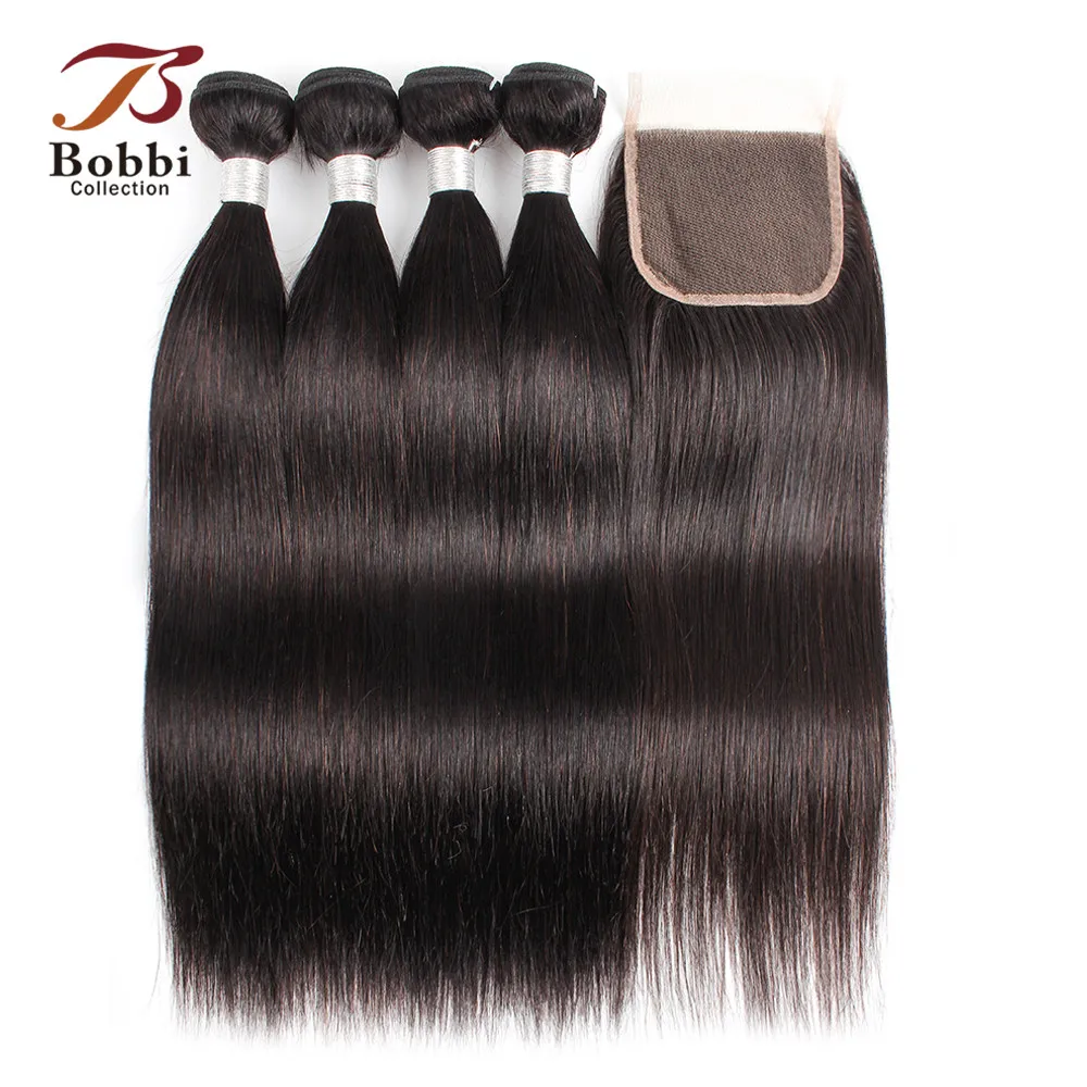 BOBBI коллекция 3/4 пучки с закрытием кружева индийские прямые волосы плетение пучков 10-26 дюймов Remy человеческие волосы расширения