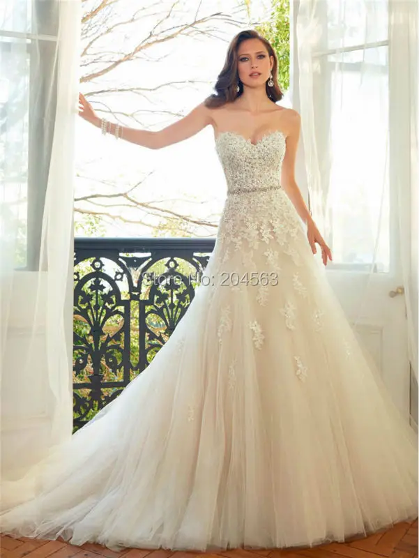 

Free Shipping Tulle A Line Sweetheart 2016 Wedding Dress with Beaded Sashes