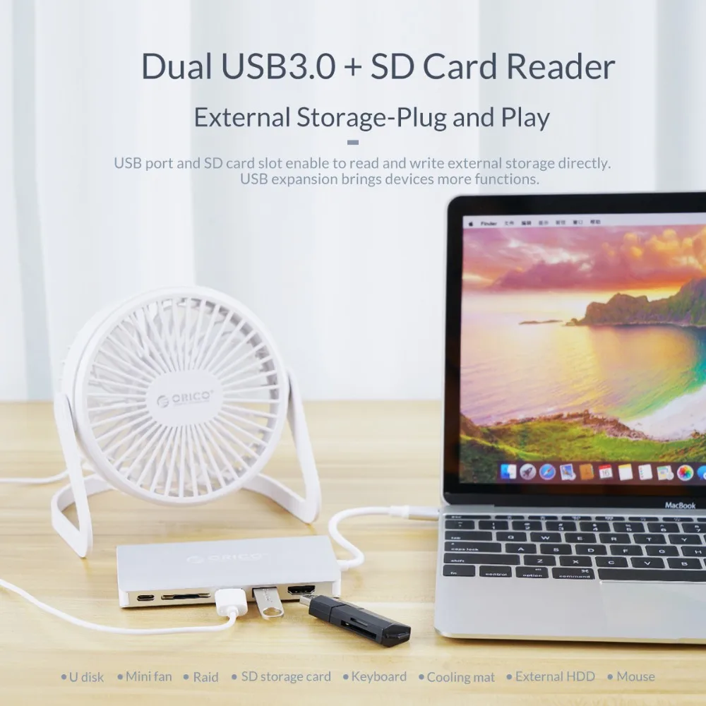  ORICO USB HUB Type C to HDMI RJ45 VGA for MacBook Samsung HUAWEI 8-in-1 Type C USB 3.0 HUB 15CM Cab