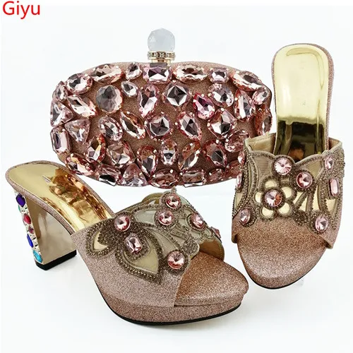 

doershow fashion lady Shoes and Bag Set Italy peach Color Italian Shoes with Matching Bag Set Decorated with Rhineston!HKO1-22