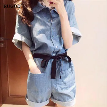 

RUGOD Summer New Fashion Rompers Womens Jean Jumpsuit High Waist Slim Single-breasted Summer Jumpsuit Modis
