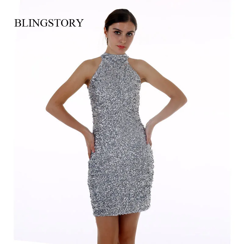 

BLINGSTORY Europe Brand Elegant Sparkling Silver Sequin Off Shoulder Dresses Drop-shipping KR4013