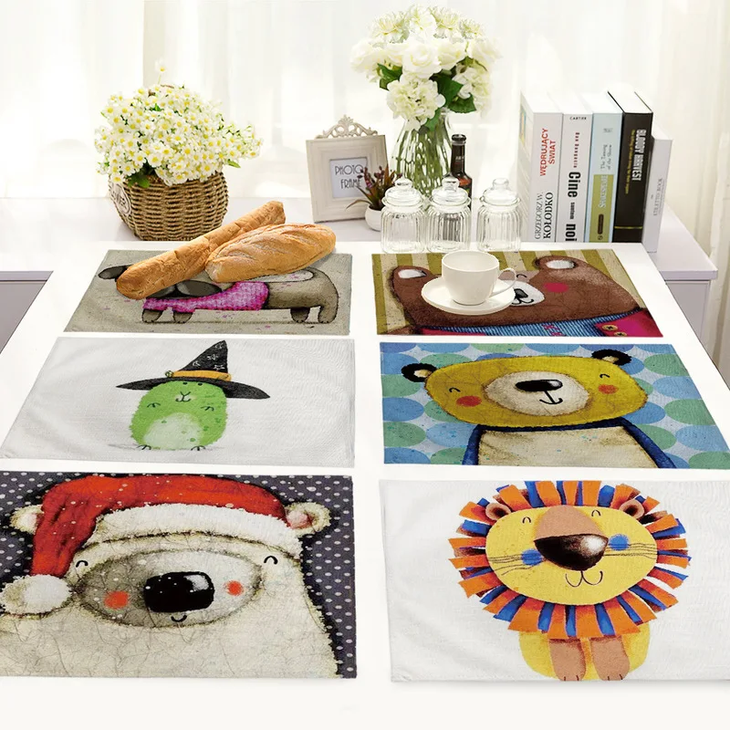 

Cartoon Hand Drawn Animals Pattern Placemats for Kitchen Table Linen Dining Table Mat Kitchen Accessories Decoration Home