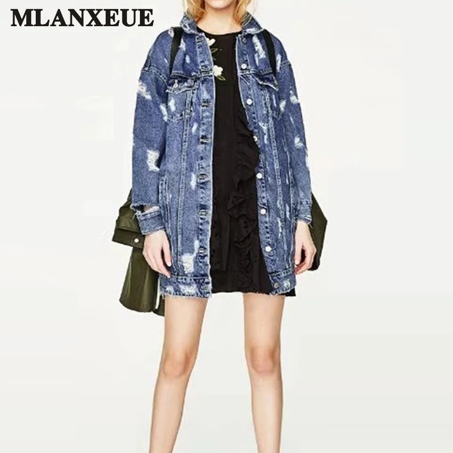 2018 Denim Jackets Women Hole Boyfriend Style Long Sleeve Vintage Jeans Jacket Denim Jacket Loose Spring Autumn Denim Coat Jeans