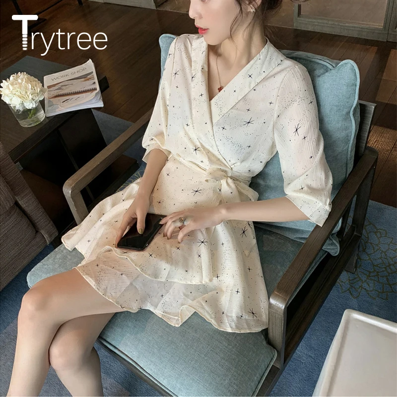 Trytree летнее осеннее платье женское элегантное геометрическое розовое абрикосовое платье с поясом с бантом и v-образным вырезом с оборками ТРАПЕЦИЕВИДНОЕ мини Повседневное платье
