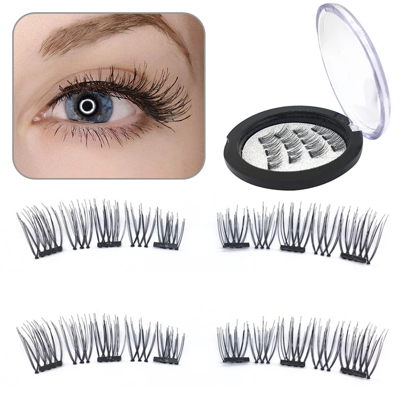 

Fashion 1 Pair 4PCS 3D Three Magnetic False Eyelashes Reusable False Magnet Eye lashes Natural Stems Cross Eye Lashes Extension