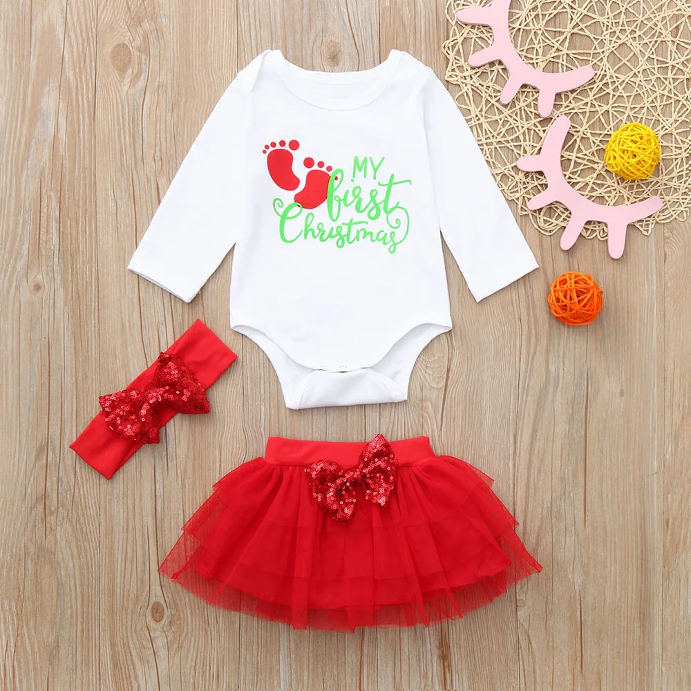 

Newborn Infant Baby Girls Christmas XMAS Clothing Letter Short-Sleeved O-neck Romper Tutu Skirt Outfits Set Girl's Jumpsuit 3PCS