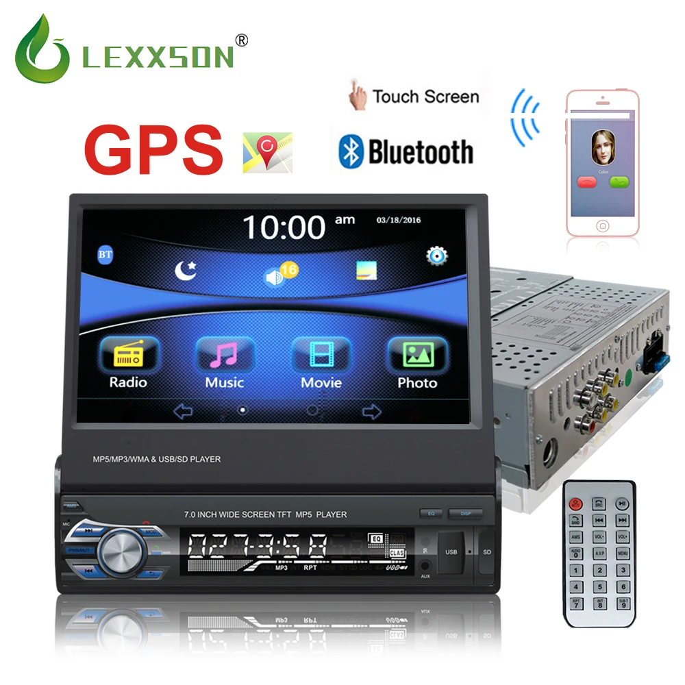 

Rhythm 12V Car Stereo 1 DIN car autoradio Bluetooth FM Radio MP5 Audio Player Phone USB/TF Radio In-Dash 1DIN 7 inch Retractable