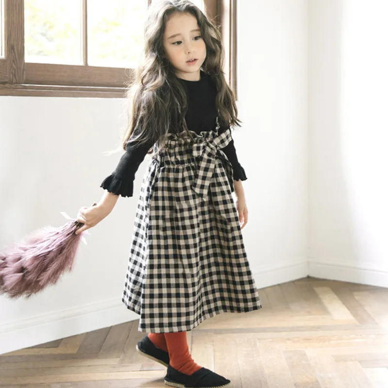 Девушка ремень Платье осень платье на петельках платье из хлопка для детей Детское платье в клетку с бантом без рукавов не содержат рубашка,#3286