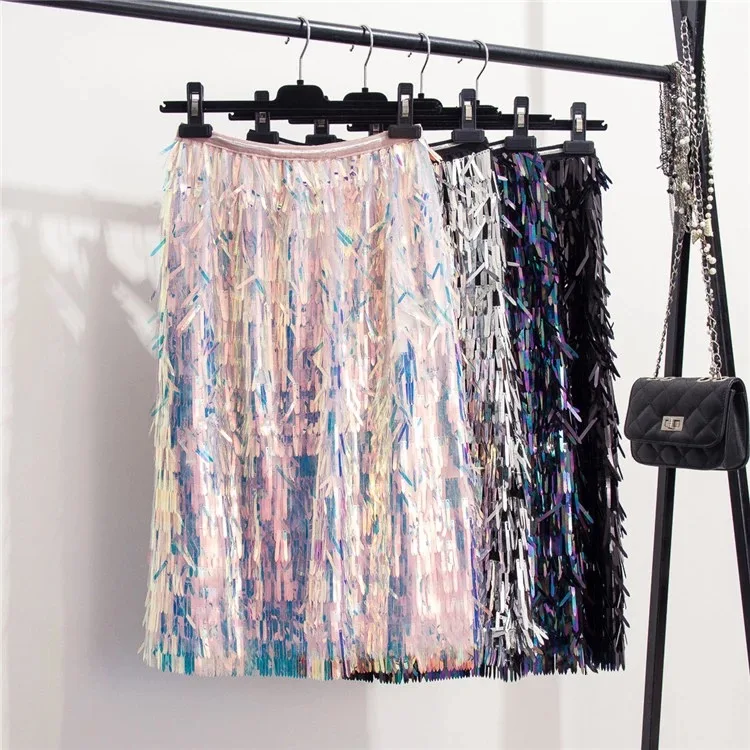 

New-Coming Summer Sequins Skirts Fashion Beading Knee-Length Empire Sexy Club Skirts