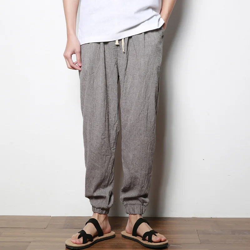 2019 Summer Korean Men's Thin Lantern Pants Linen Pants Cotton Taj pants Loose elastic waist elastic black casual pants