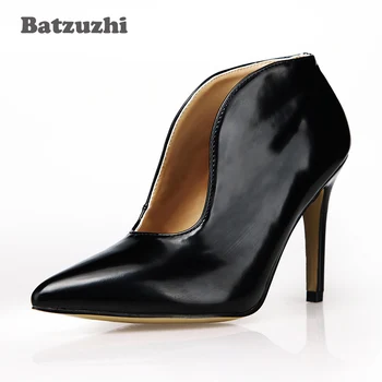 

Batzuzhi-9.8cm Fashion Women Shoes Pointed Toe Handmade Brand Women Ankle Dress Boots Black Leather Zapatos Mujer, Size 35-43