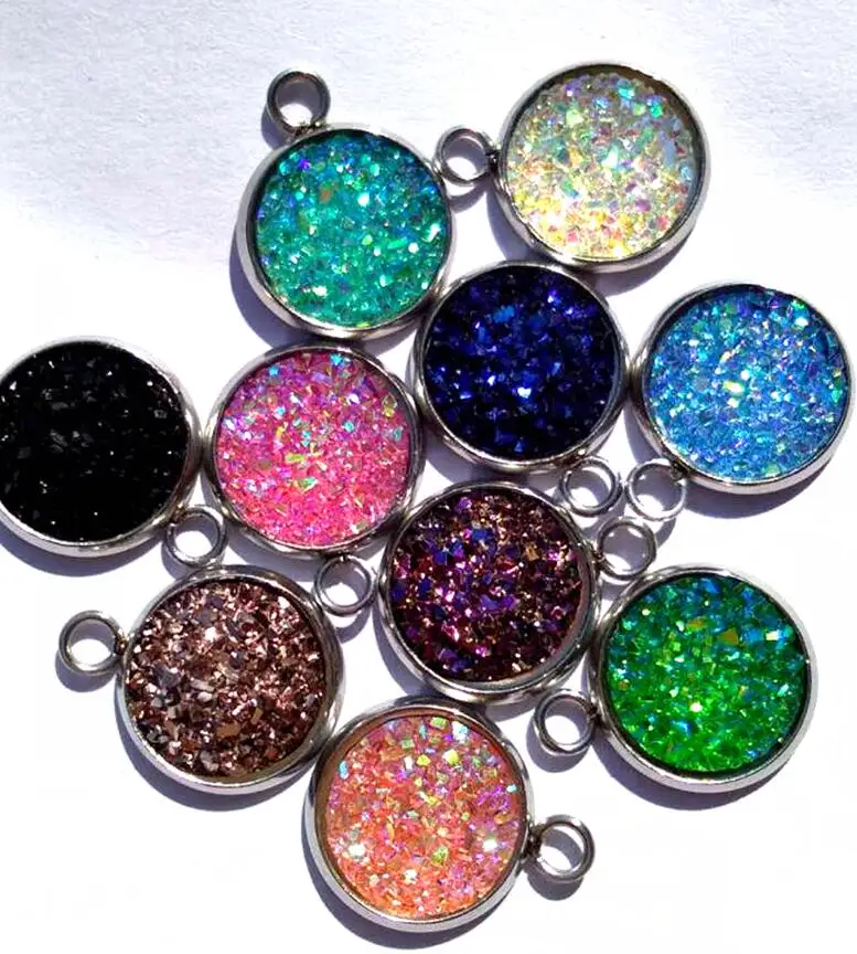 AKOLION Stainless Steel Glitter Faux Druzy Resin Charm Pendant Colorful