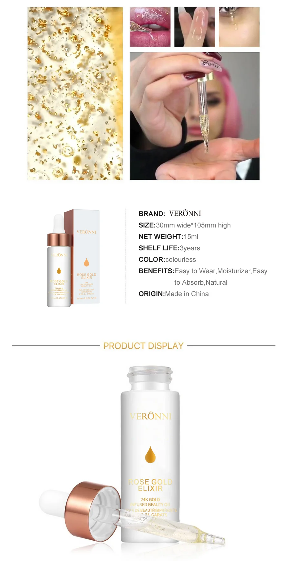 24K розовое золото Elixir эфирные Губы Масло для лица VERONNI основа под макияж быстрое впитывание уход за лицом макияж витамин увлажняющий крем