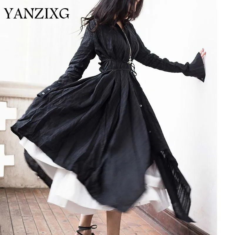 

Women Dress Black Linen Stripe Shirt Dresses Long Sleeve Irregular Long Dress Bandage High Waist Spring 2019 Fashion Q565