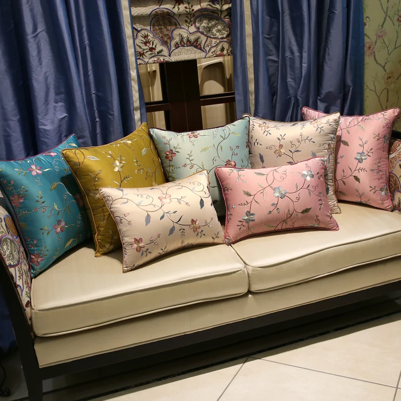 New Chinese Flowers Embroidery Pillow Cover Cushion Linen Cotton Sofa Car Office Coffee Home