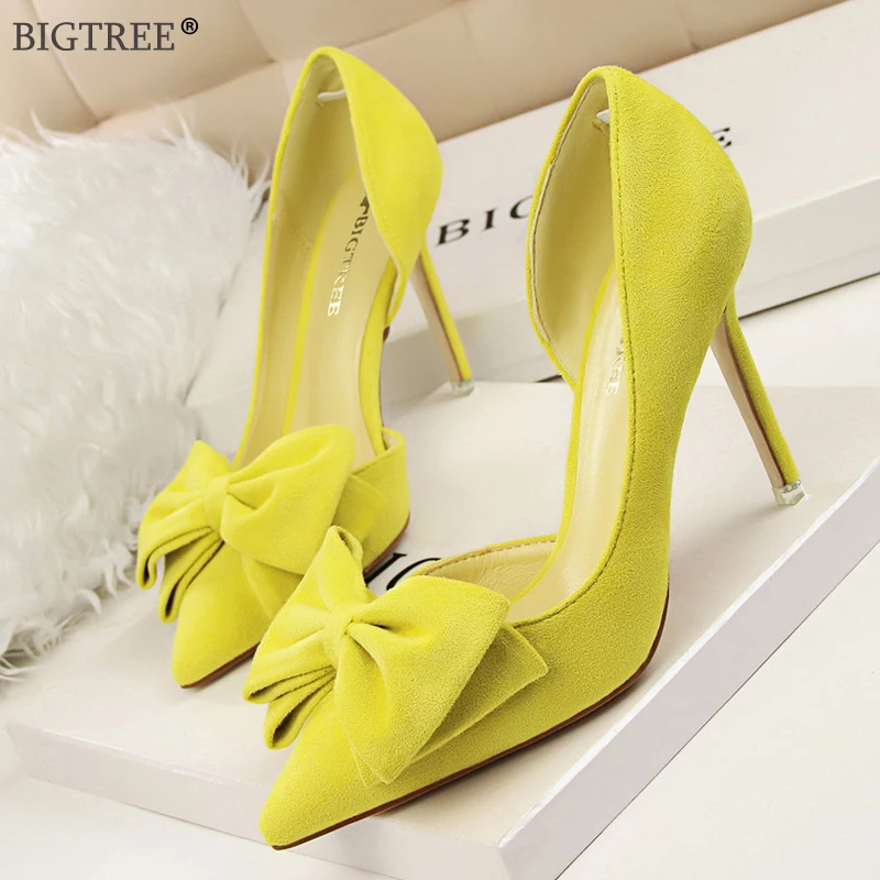 

BIGTREE shoes Women 2019 new fashion high heels Butterfly-knot pink sweet pumps pointed toe party shoes wedding shallow flock