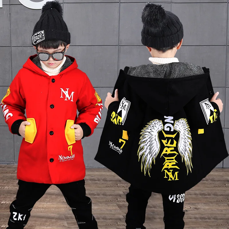 

Boys Long Sleeve Woolen Overcoat Kids Winter Clothing Big Boys Hoodie Thicken Cotton Coat School Kids Tracksuit Jackets CA420