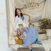 JOYINPARTY новая весенняя женская с высокой талией, из лоскутов эластичная буффани Цветочный Принт Кисточкой Пояса Женская плиссированная юбка