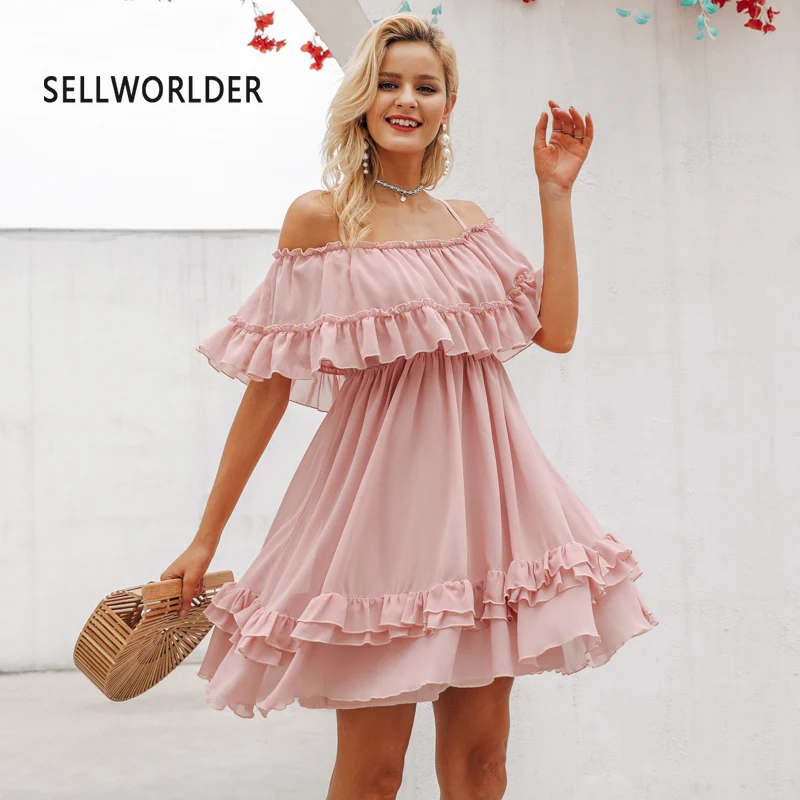 

2019 Elegant Pleated Off-the-Shoulder Women Dress Spaghetti Strap Chiffon Summer Holiday Dresses Casual Short Pink Summer Dress