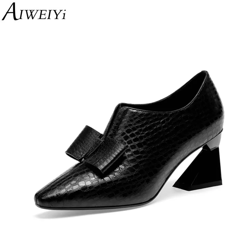 

AIWEIYi High Heels Shoes Woman Pointed toe Platform Pumps Genuine Leather High Heels Sweet Bow Slip On Genuine Shoes Woman