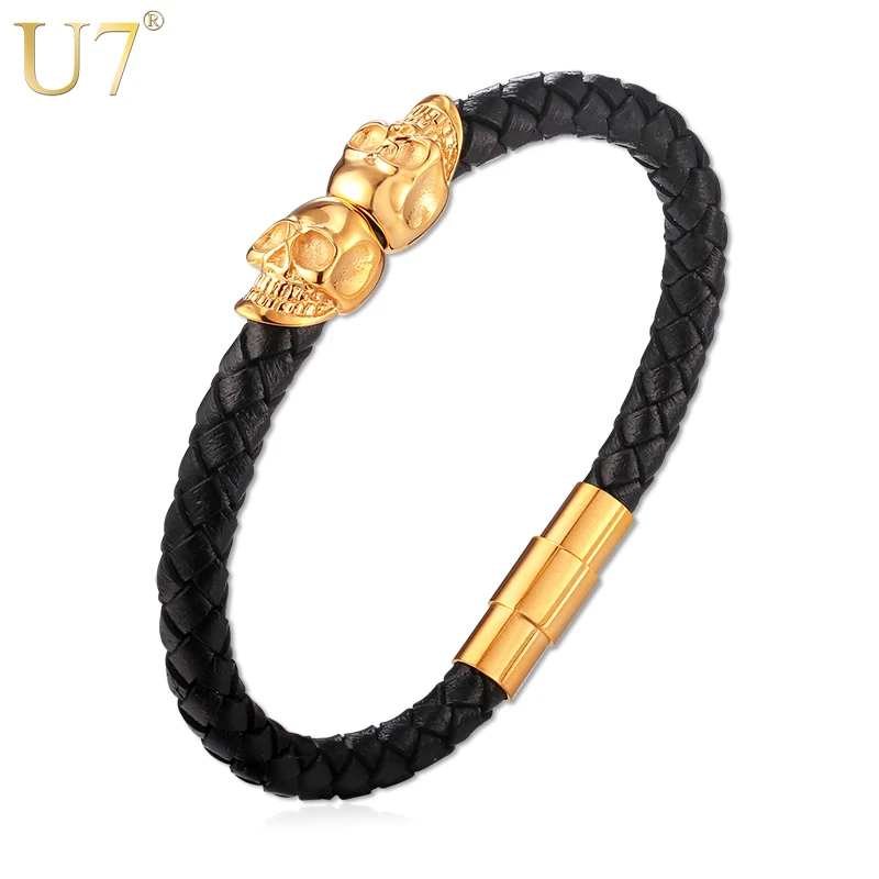 Prix pour U7 Marque Noir Véritable En Cuir Squelette Crâne Charme Bracelet Hommes Cadeau Aimant Punk Rock Bijoux En Acier Inoxydable Manchette Bracelet H855 Prix pour U7 Marque Noir Véritable En Cuir Squelette Crâne Charme Bracelet Hommes Cadeau Aimant Punk Rock Bijoux En Acier Inoxydable Manchette Bracelet H855