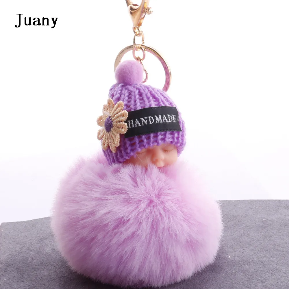 Fluffy fur pompom keychain cut sleeping baby doll keychain fake rabbit fur key chain 01