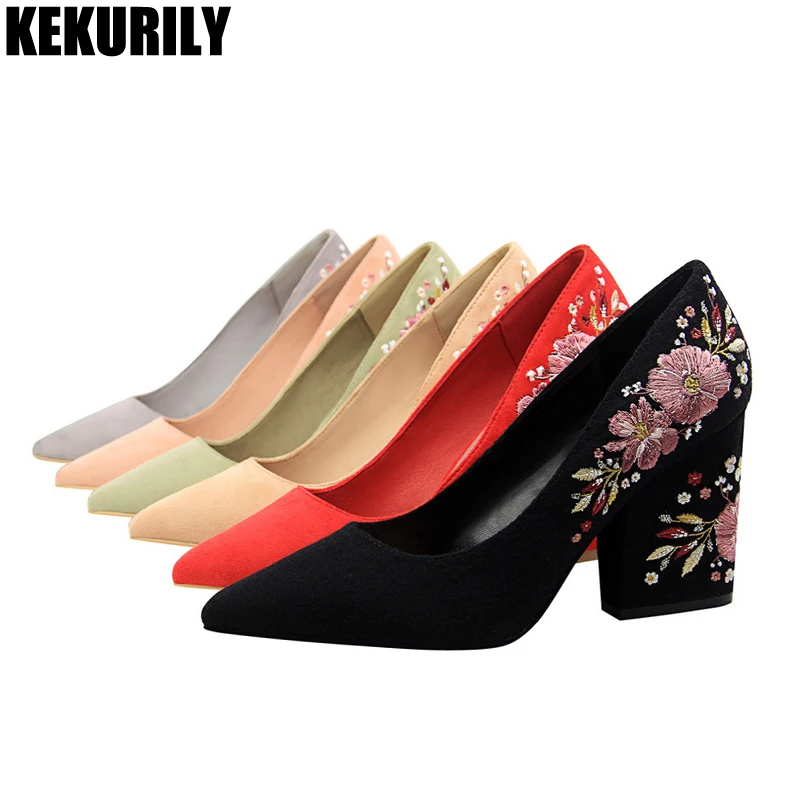 

Woman Shoes Embroider Pointed Toe Pumps Slip on sandals chunky high Heels Slides zapatos mujer Black Red pink khaki gray green