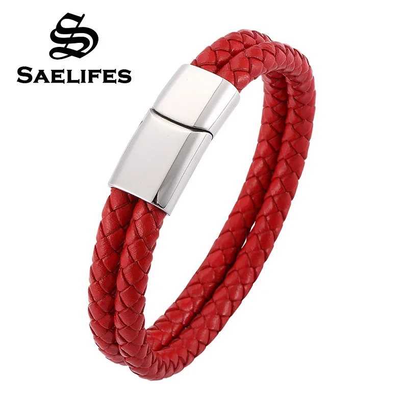 

Fashion Stainless Steel Magnetic Clasp Woman Cuff Bracelets Trendy Red Double Layers Leather Bracelet Bangles Men Jewelry PB0110