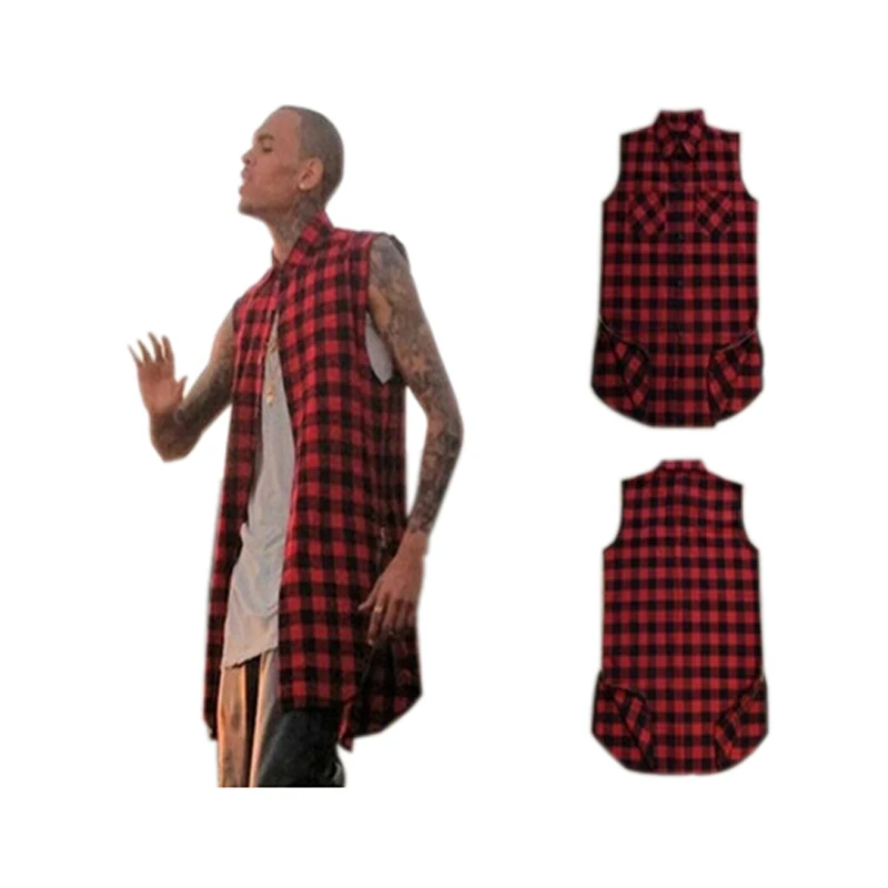 Mens Hipster Hip Hop Sleeveless Dress Shirts Plaid Shirts Men Side