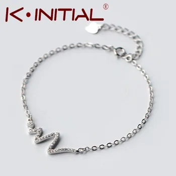 Kinitial 1Pcs 925 Silver Pave Wave Heart Bracelet Heartbeat Pendant Bangle Lightning Heartbeat Bracelets for Women wholesale