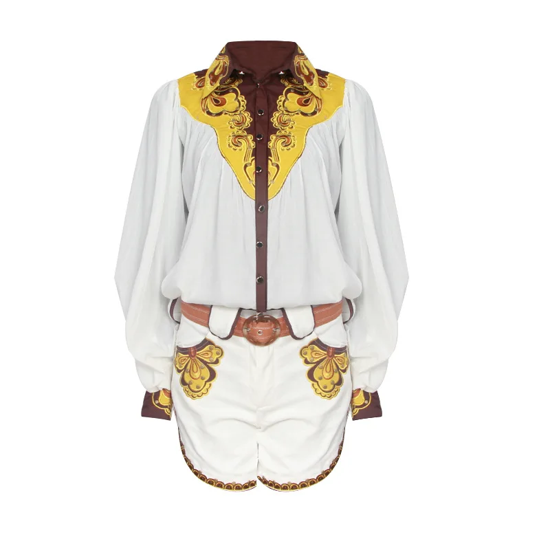 

GoodliShowsi 2019 Summer Sexy Woman Sets Embroidery Long Lantern Sleeve Sashes Single Button Pokckets Shirt and Hot Short Pants